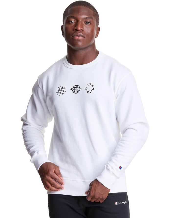 Champion Mens Sweatshirt NZ - Powerblend Fleece Crew Multi-Logos White ( 7056-SDTPZ )